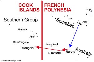 The likely route of the mannikin from Tahiti to Mangaia (click to enlarge)
